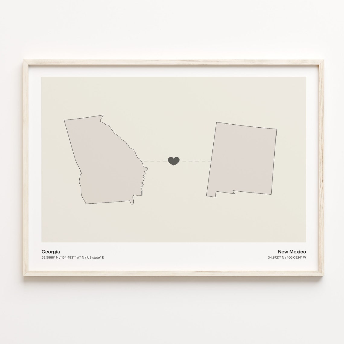 Georgia to New Mexico Minimalist Heart Connection Map Art Poster