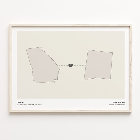 Georgia to New Mexico Minimalist Heart Connection Map Art Poster
