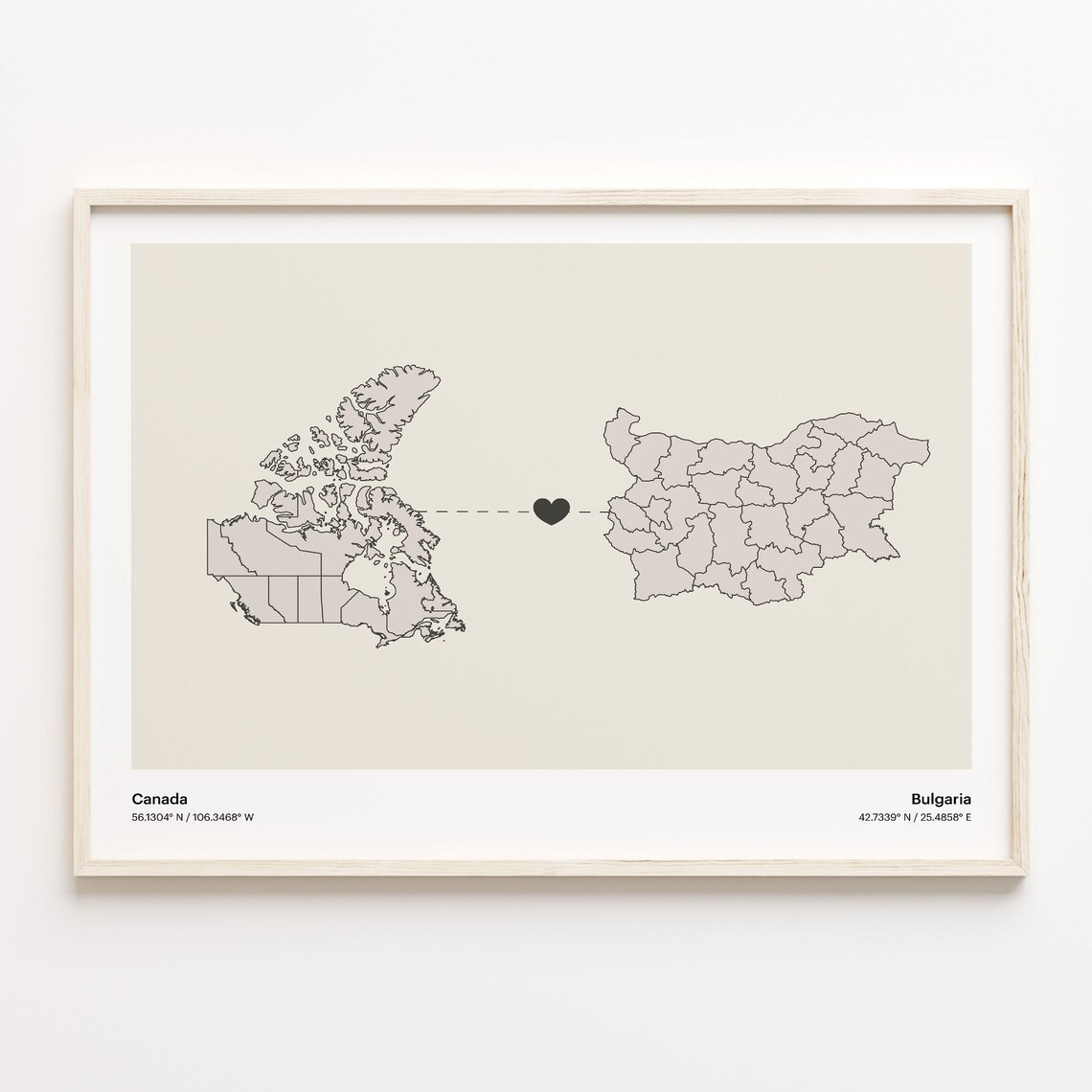 Canada Bulgaria Heart Connection Map Minimalist Long Distance Gift Poster