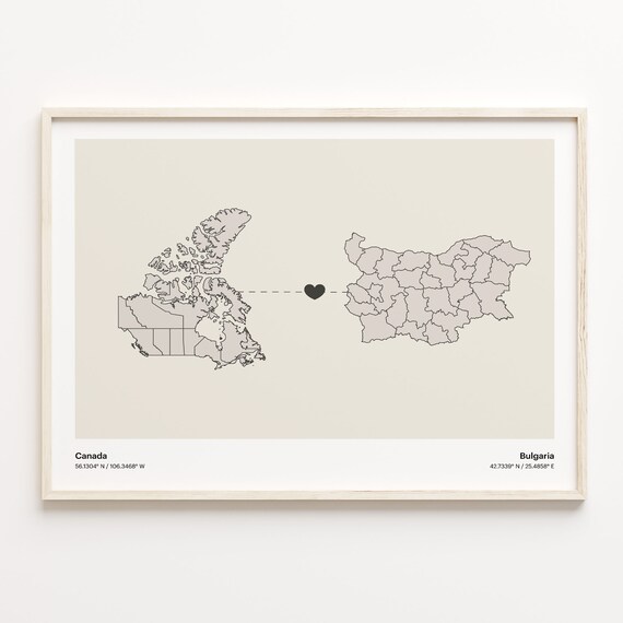 Canada Bulgaria Heart Connection Map Minimalist Long Distance Gift Poster