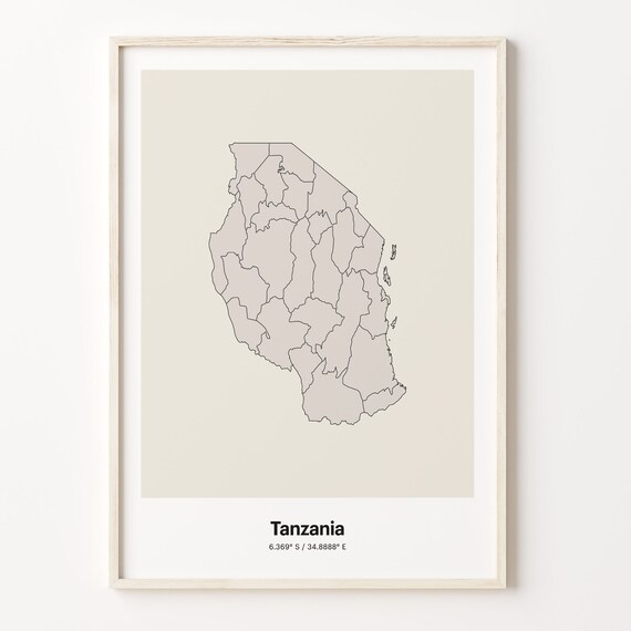 Tanzania Minimalist Country Map With Coordinates Line Art Poster