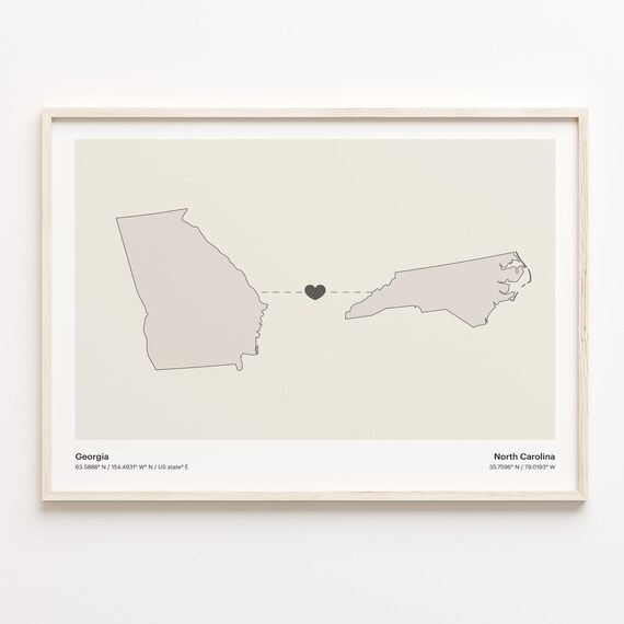 Georgia To North Carolina Minimalist Long Distance Love Map Poster