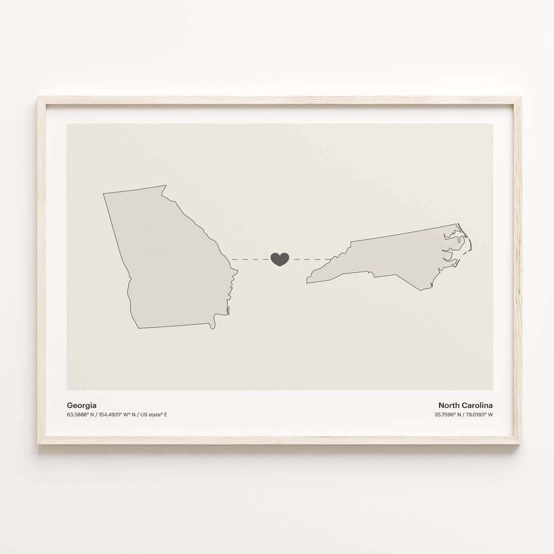 Georgia To North Carolina Minimalist Long Distance Love Map Poster