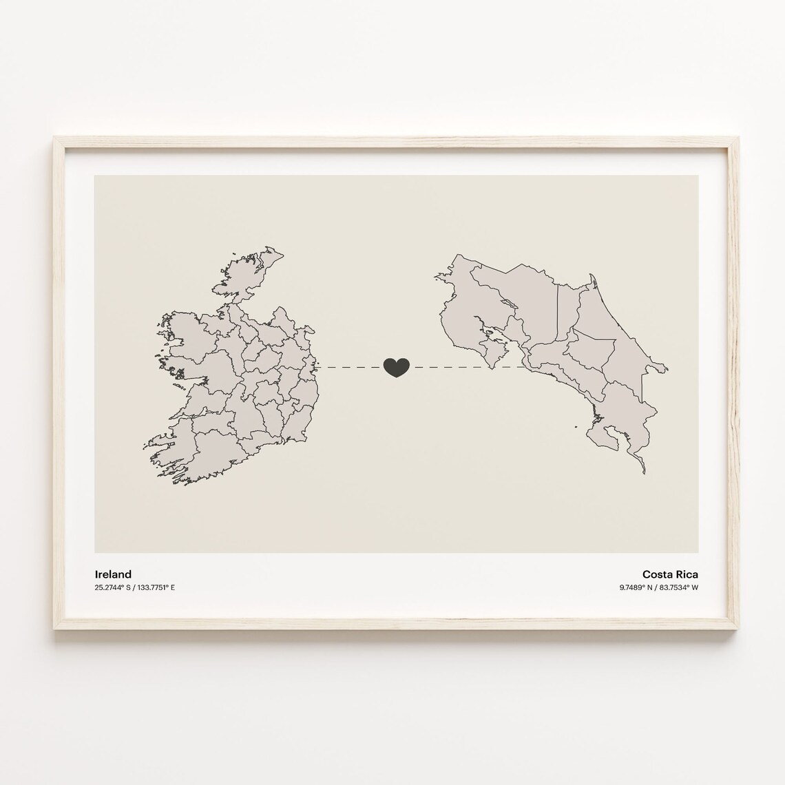 Ireland to Costa Rica Heart Map Long Distance Love Art Poster