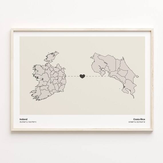 Ireland to Costa Rica Heart Map Long Distance Love Art Poster