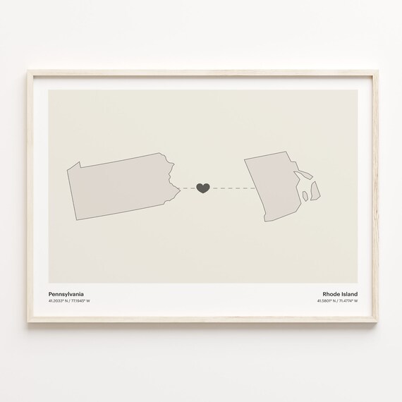Pennsylvania to Rhode Island Minimalist Heart Map Connection Poster