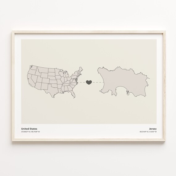 United States To Jersey Minimalist Heart Map Connection Gift Poster