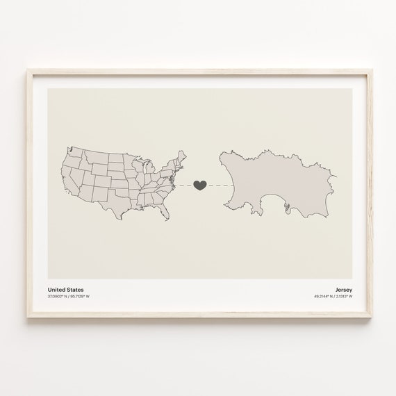United States To Jersey Print Gift Minimalistic Country Connection Map Poster Usa Wall Art Continental Love C2192