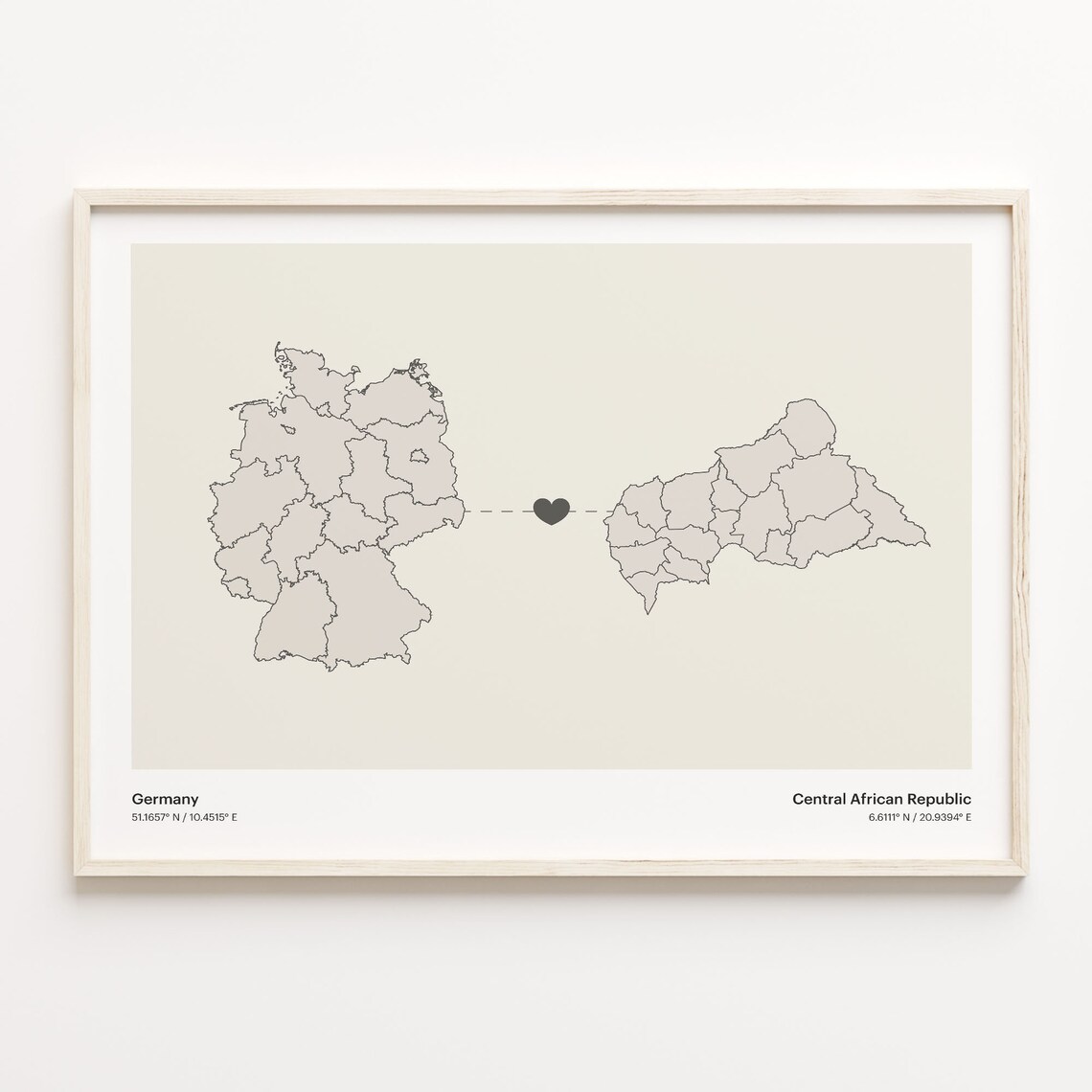 Germany to Central African Republic Minimalist Long Distance Heart Connection Map Poster