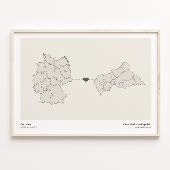 Germany to Central African Republic Minimalist Long Distance Heart Connection Map Poster