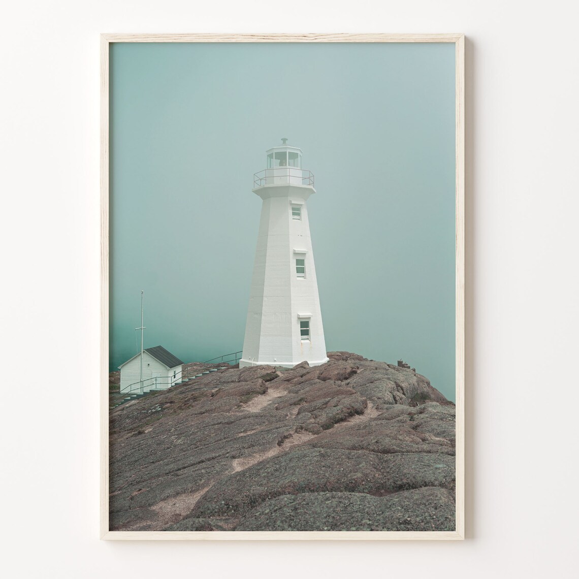 White Lighthouse Rocky Coastline Foggy Minimalist Photo Poster