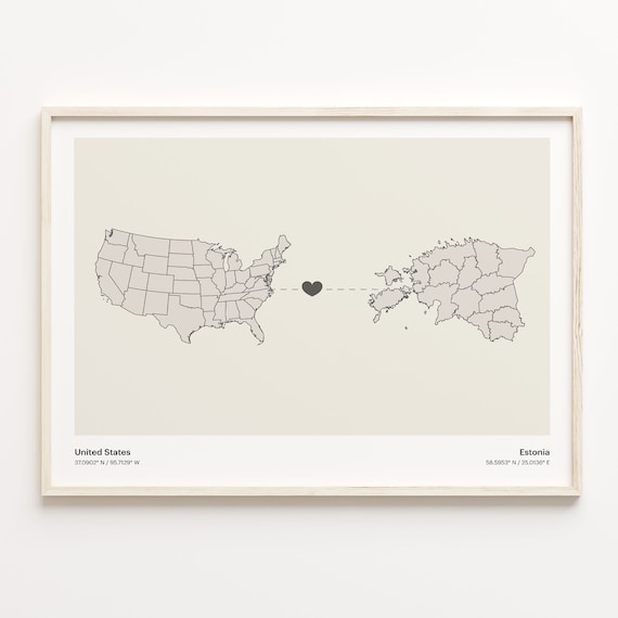 United States To Estonia Minimalist Heart Map Connection Gift Poster
