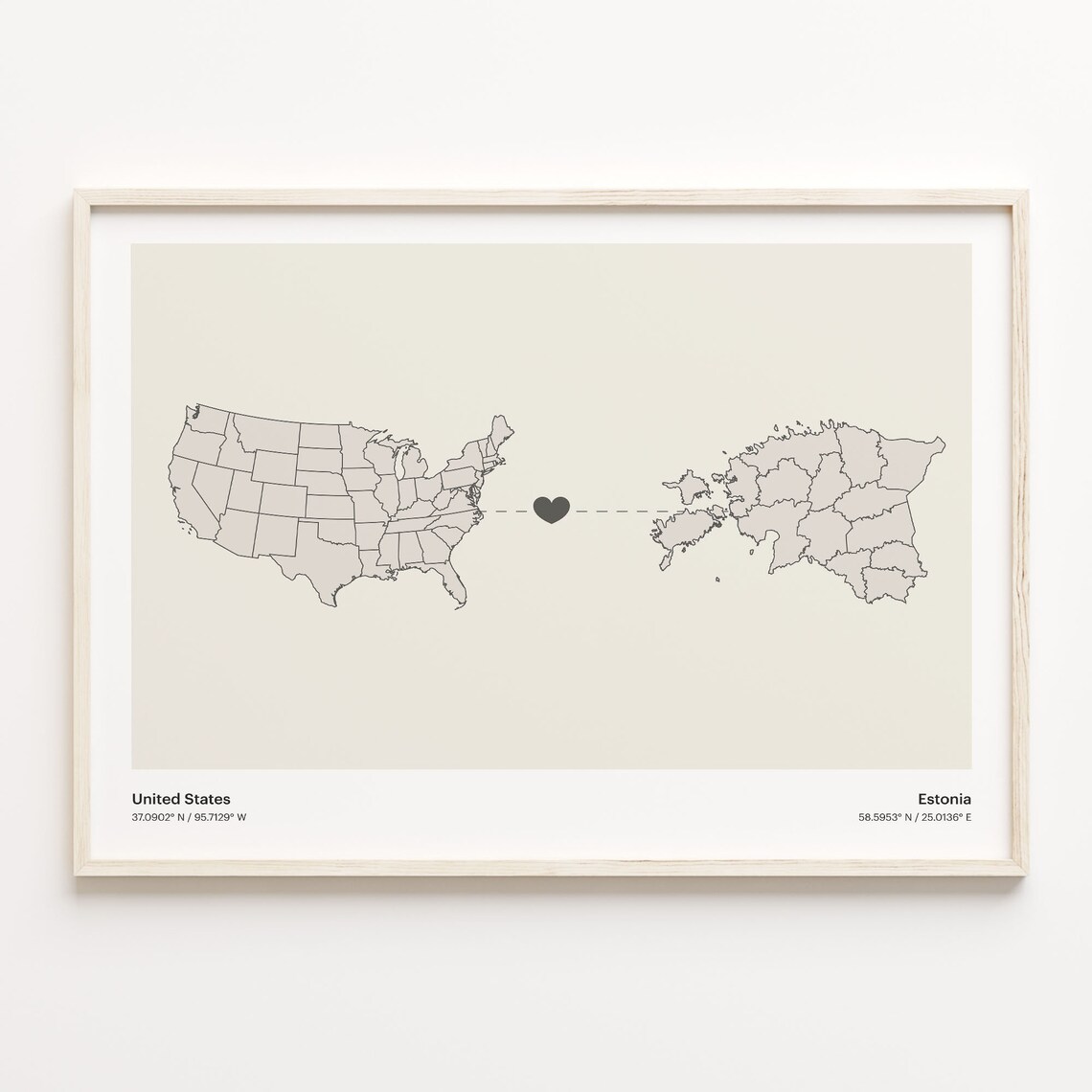 United States To Estonia Minimalist Heart Map Connection Gift Poster