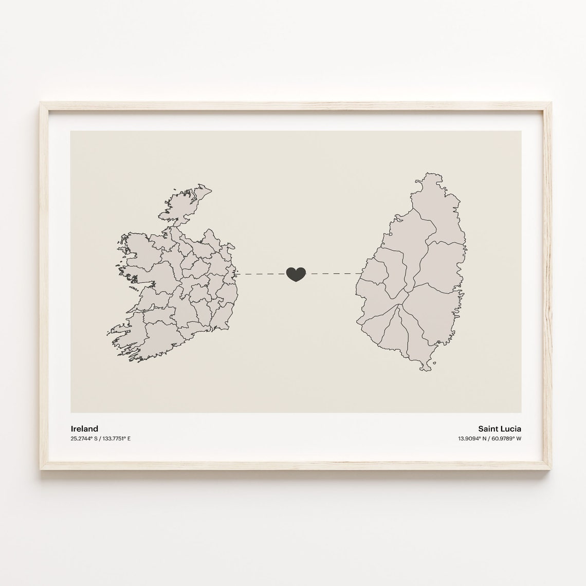 Ireland to Saint Lucia Long Distance Love Heart Connection Map Poster