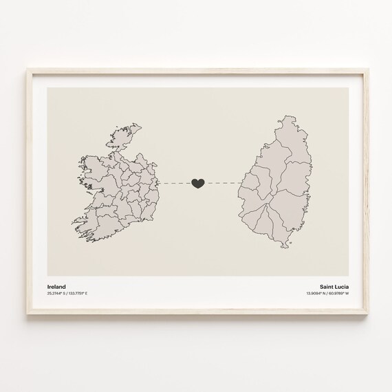 Ireland to Saint Lucia Long Distance Love Heart Connection Map Poster