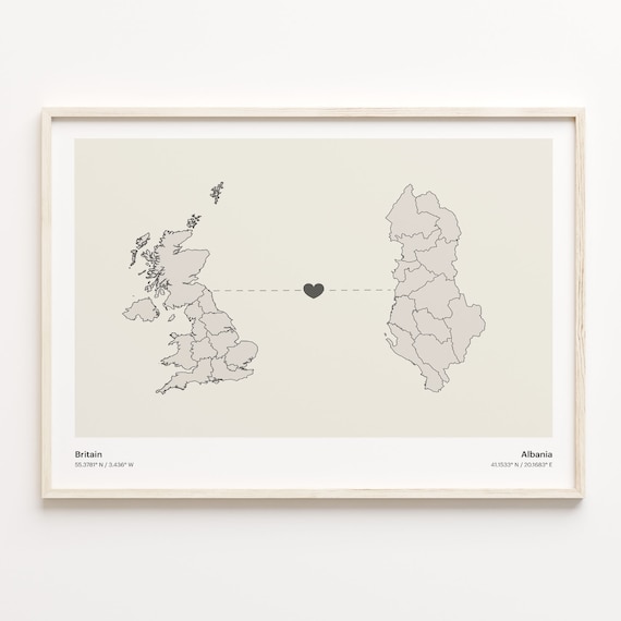 Britain to Albania Heart Connection Minimalist Country Map Poster