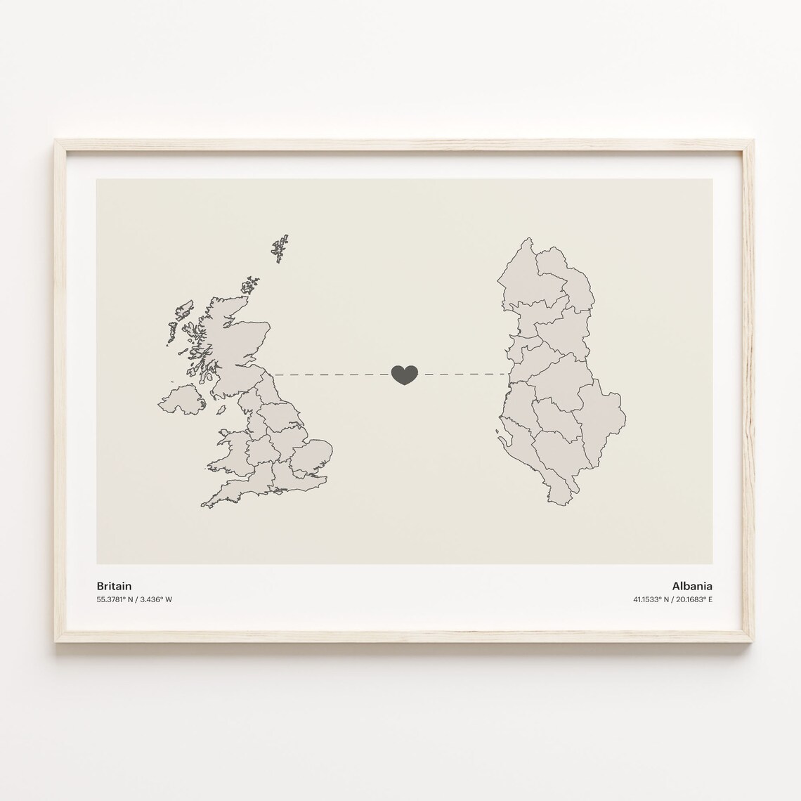 Britain to Albania Heart Connection Minimalist Country Map Poster