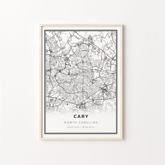 Cary North Carolina Modern Black And White Street Map Coordinates Poster