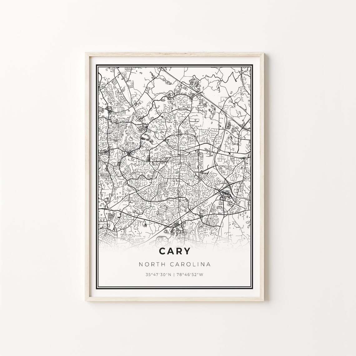 Cary North Carolina Modern Black And White Street Map Coordinates Poster