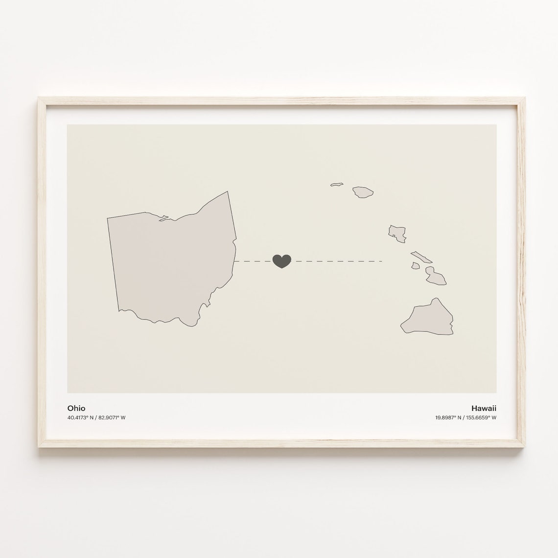 Ohio Hawaii State Beige Minimalist Heart Connection Map Poster