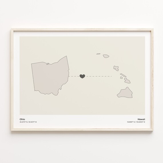 Ohio Hawaii State Beige Minimalist Heart Connection Map Poster
