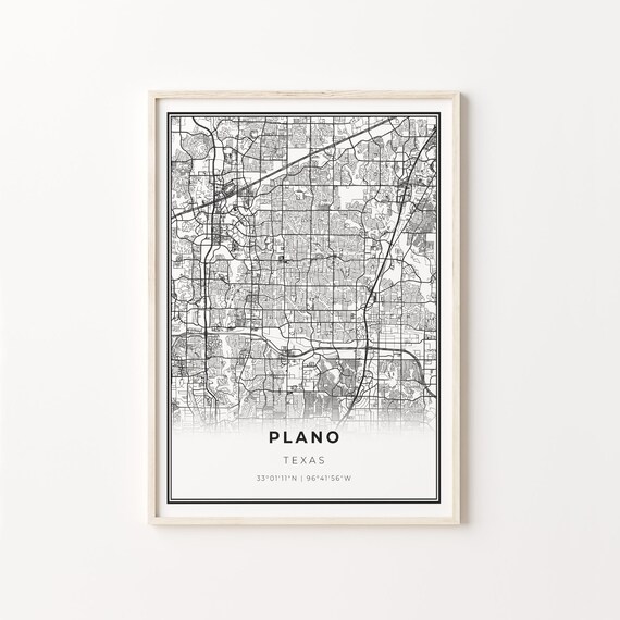 Plano Texas City Map Black White Street Line Art Minimalist Home Poster