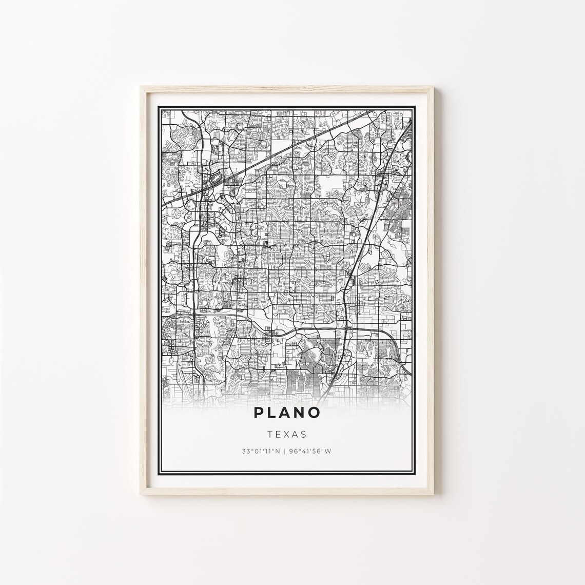 Plano Texas City Map Black White Street Line Art Minimalist Home Poster