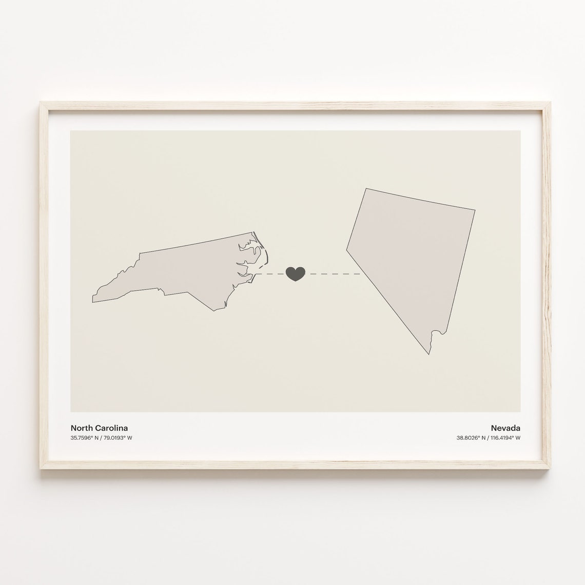 North Carolina To Nevada Minimalist Heart Map Connection Print
