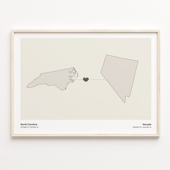North Carolina To Nevada Minimalist Heart Map Connection Print