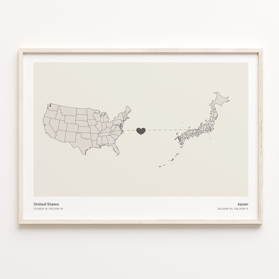 United States to Japan Minimalist Heart Map Connection Poster