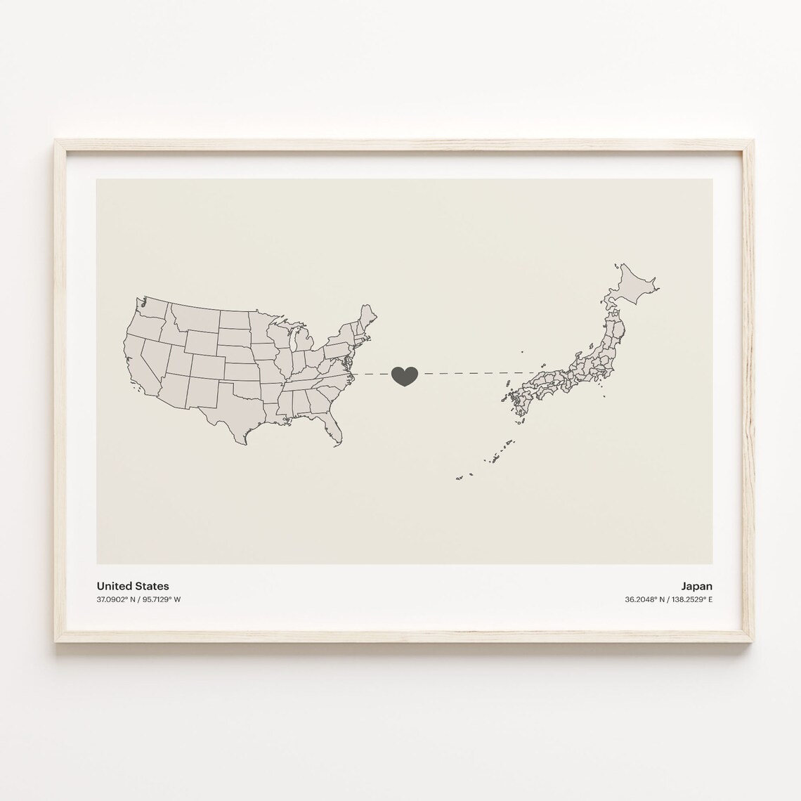 United States to Japan Minimalist Heart Map Connection Poster