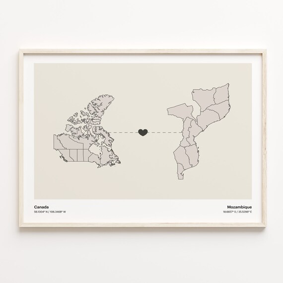Canada To Mozambique Minimalist Love Connection Map Travel Poster