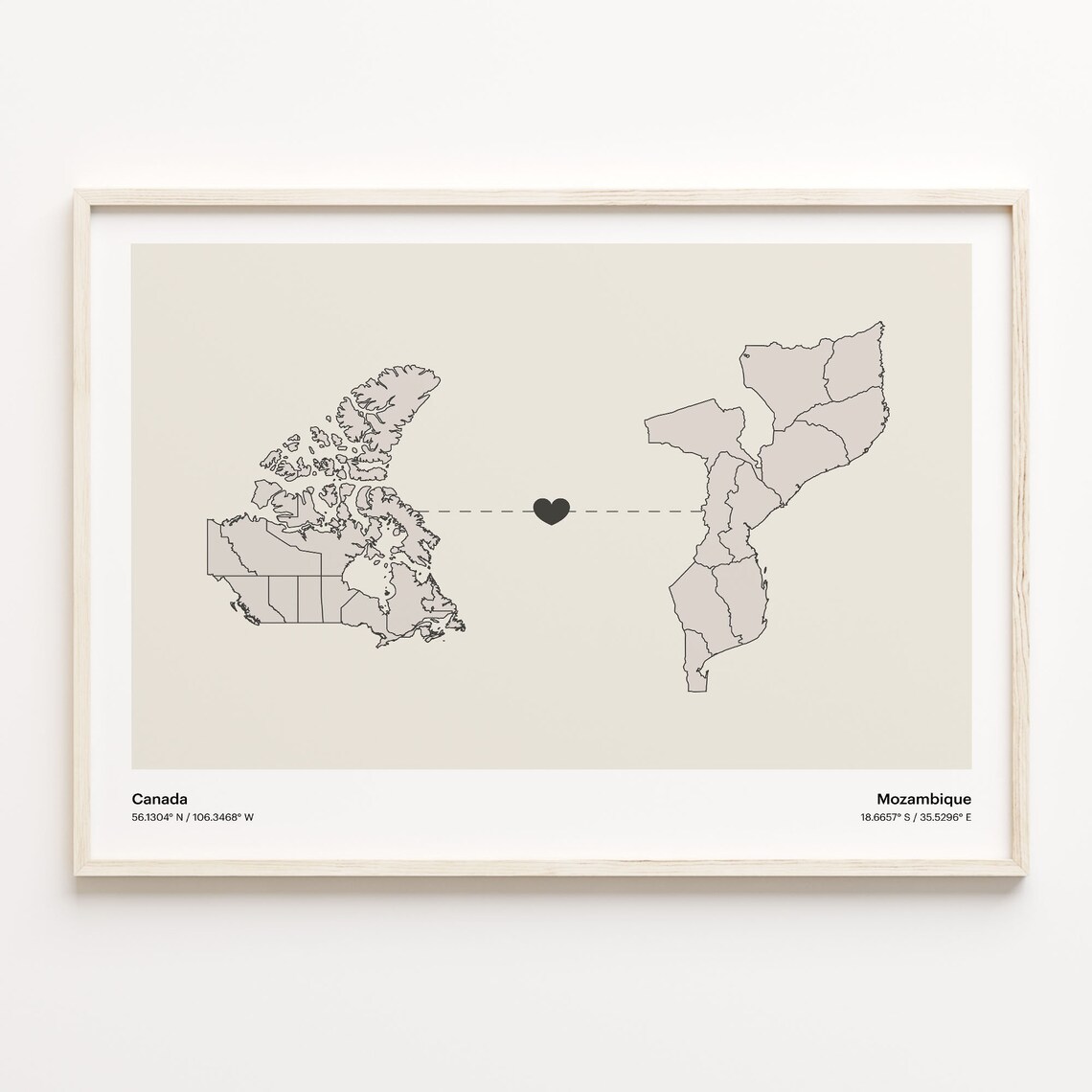 Canada To Mozambique Minimalist Love Connection Map Travel Poster