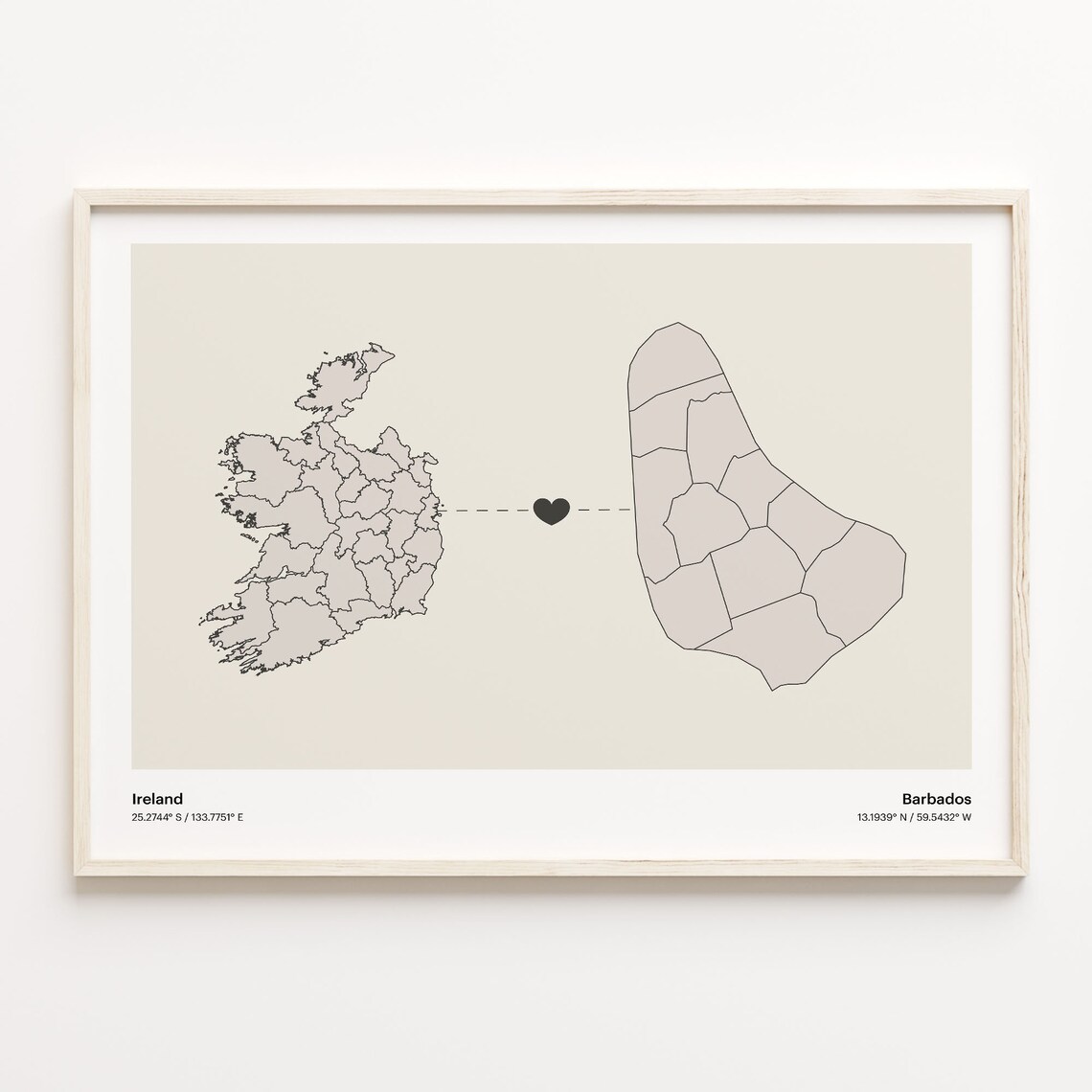 Ireland To Barbados Minimalist Country Connection Map Art Print