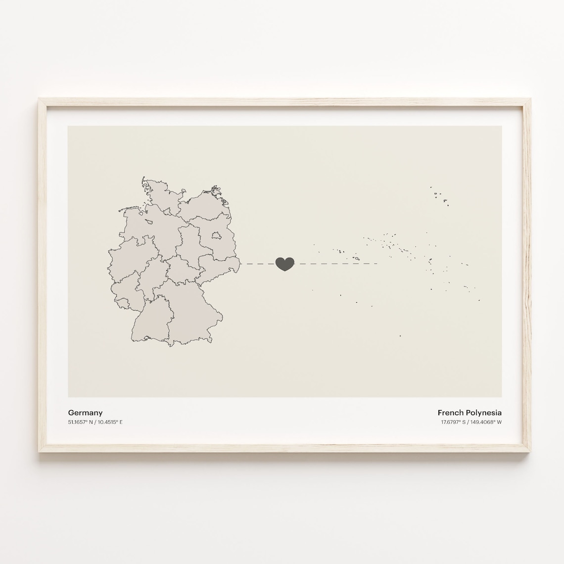 Germany French Polynesia Long Distance Heart Connection Map Gift Poster
