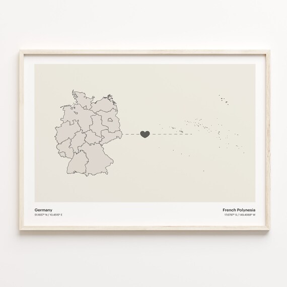 Germany French Polynesia Long Distance Heart Connection Map Gift Poster