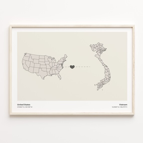 United States To Vietnam Long Distance Heart Connection Map Poster