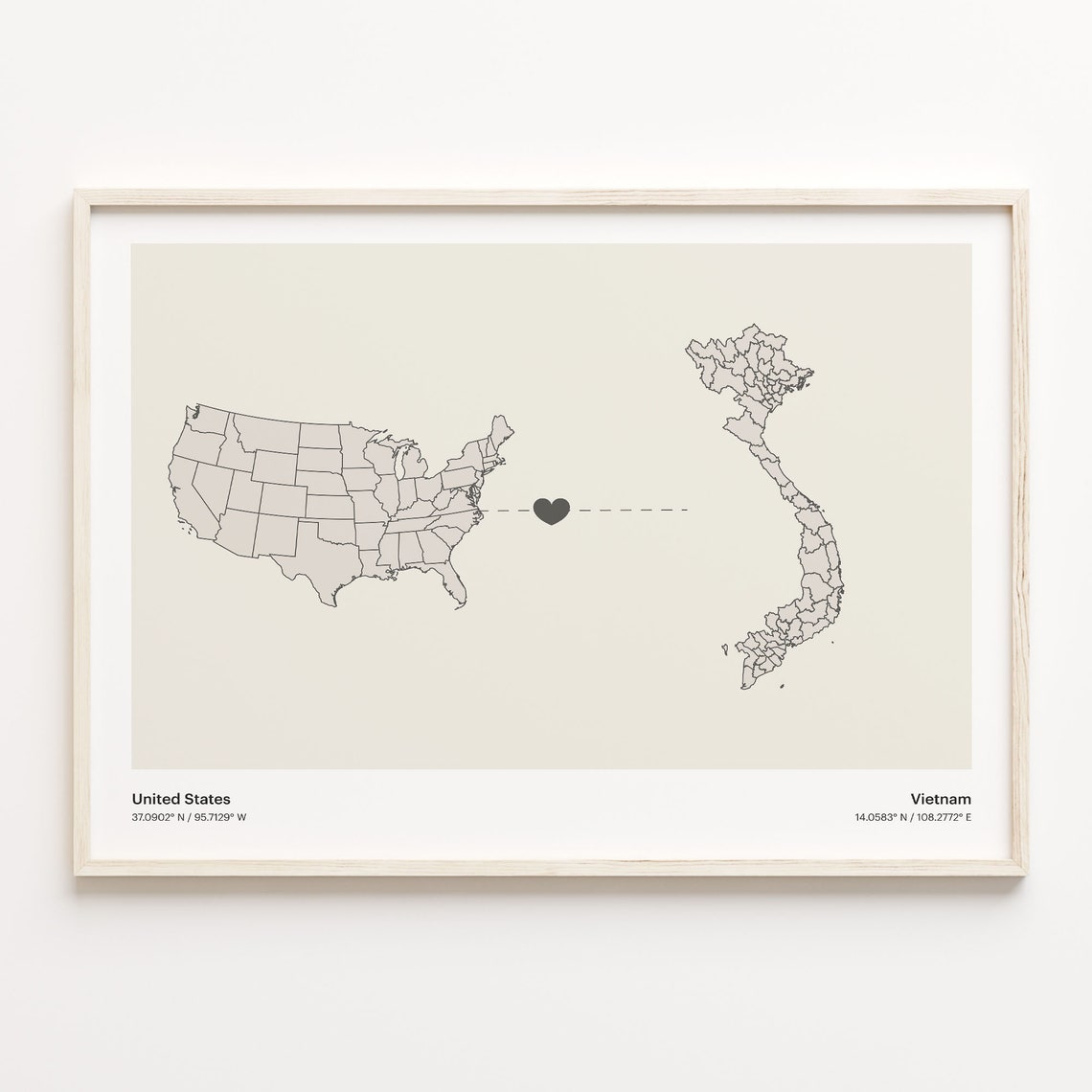United States To Vietnam Long Distance Heart Connection Map Poster