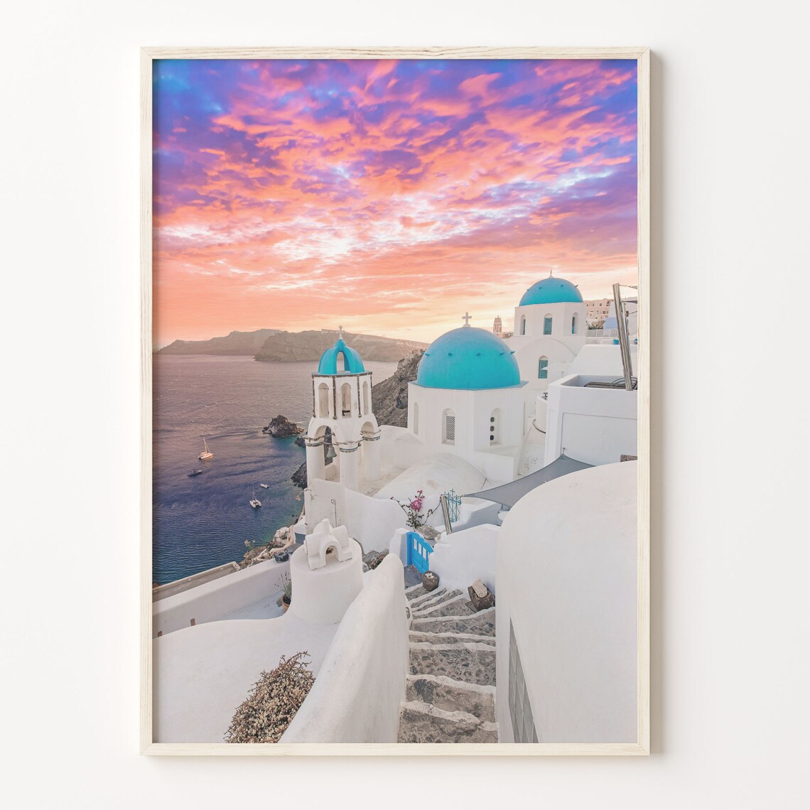 Santorini Greece Blue Dome Churches Sunset Aegean Sea Photo Poster