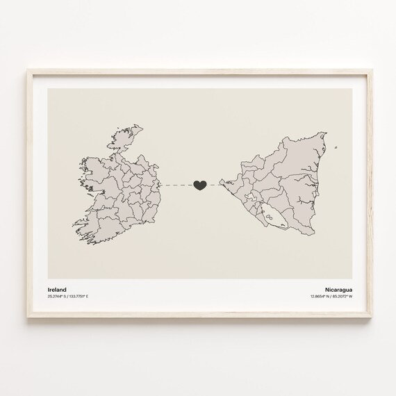 Ireland to Nicaragua Long Distance Heart Map Minimalist Connection Poster