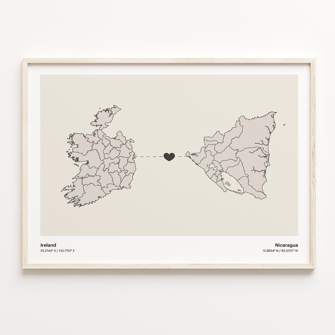 Ireland to Nicaragua Long Distance Heart Map Minimalist Connection Poster