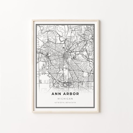 Ann Arbor City Map Art Poster, Modern Black and White