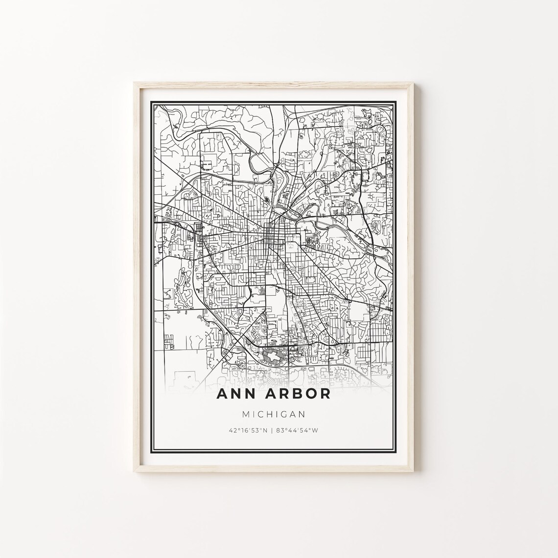 Ann Arbor City Map Art Poster, Modern Black and White