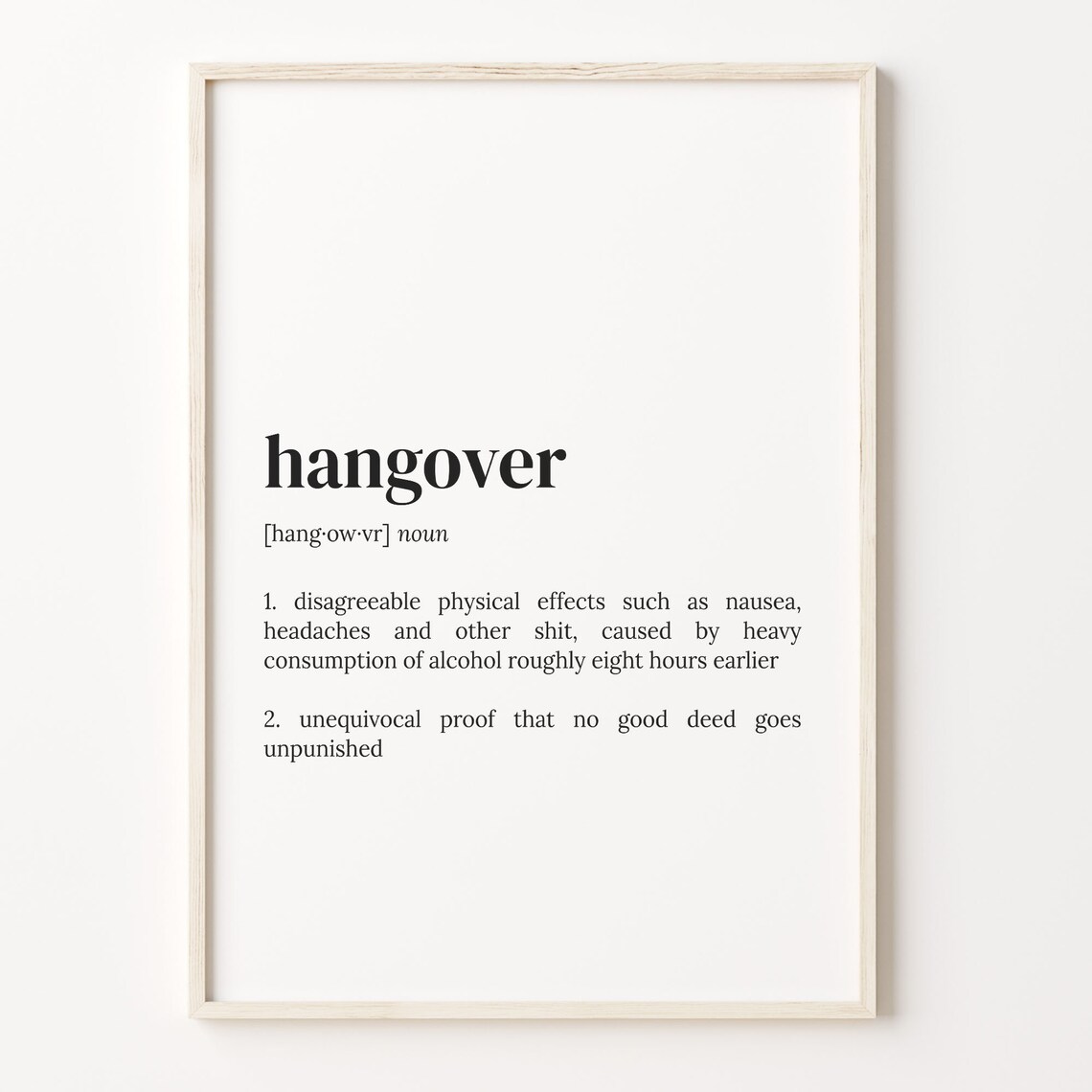 Hangover Funny Definition Poster for Home Bar and Party Room Decor