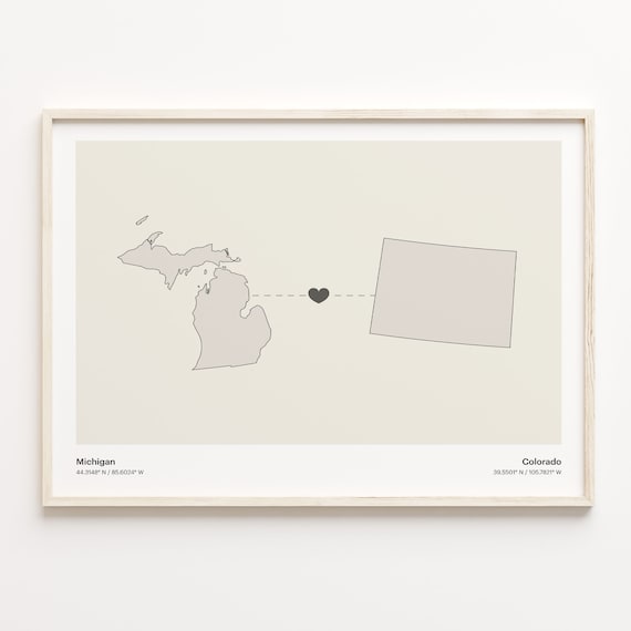 Michigan to Colorado Minimalist Long Distance Connection Map Poster