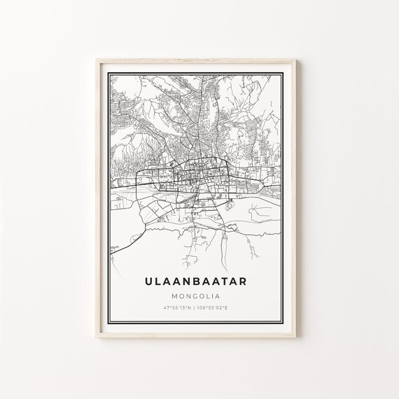 Ulaanbaatar Mongolia Minimalist Black and White City Street Map Poster