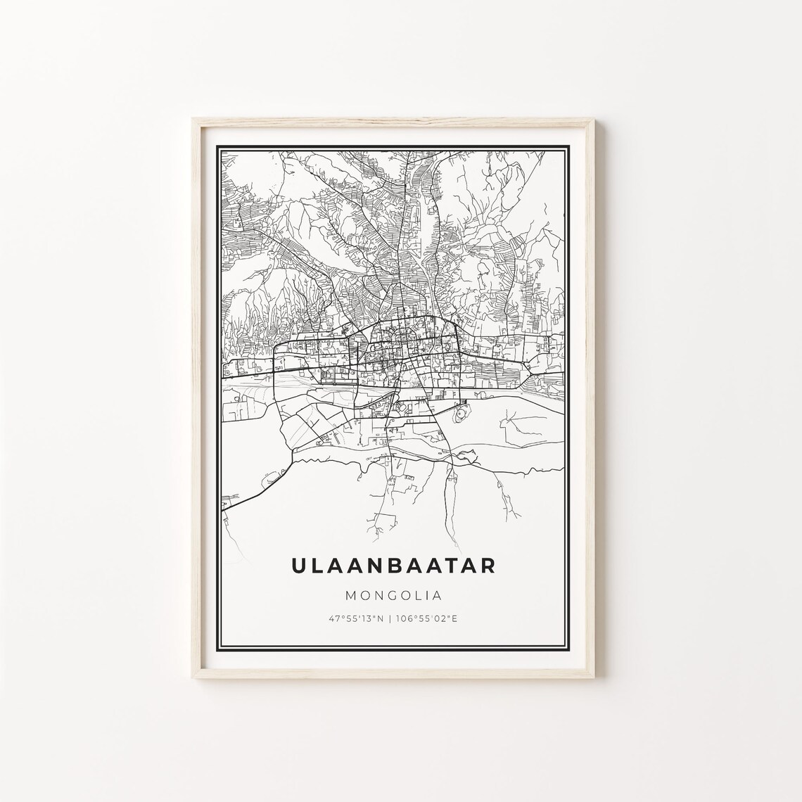 Ulaanbaatar Mongolia Minimalist Black and White City Street Map Poster