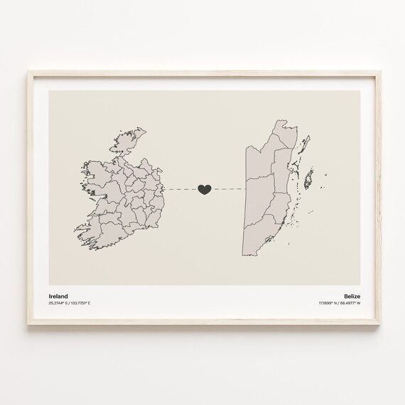 Ireland Belize Country Beige Minimalist Heart Connection Map Poster