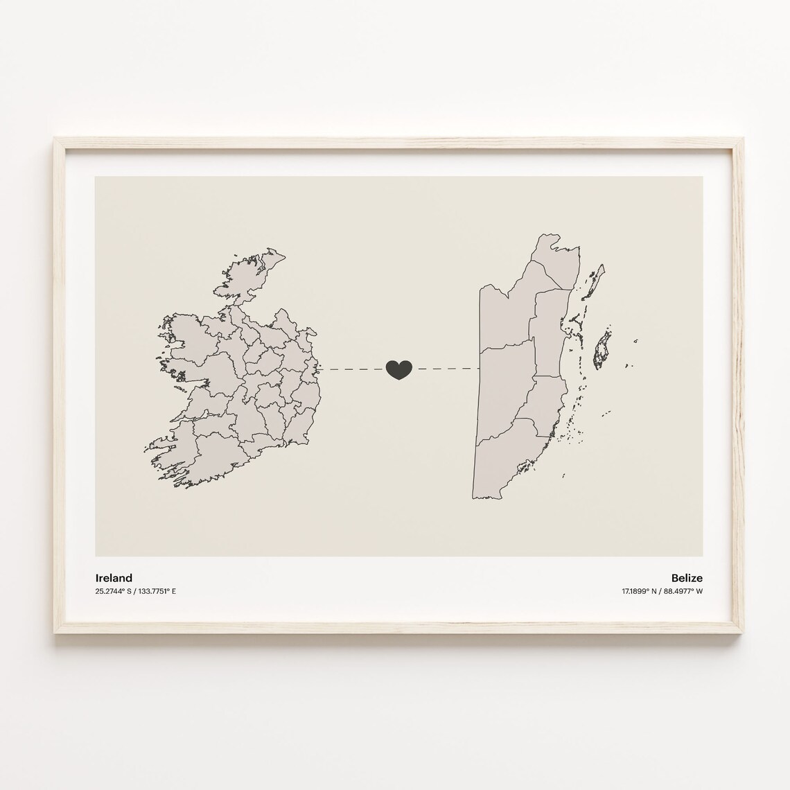 Ireland Belize Country Beige Minimalist Heart Connection Map Poster
