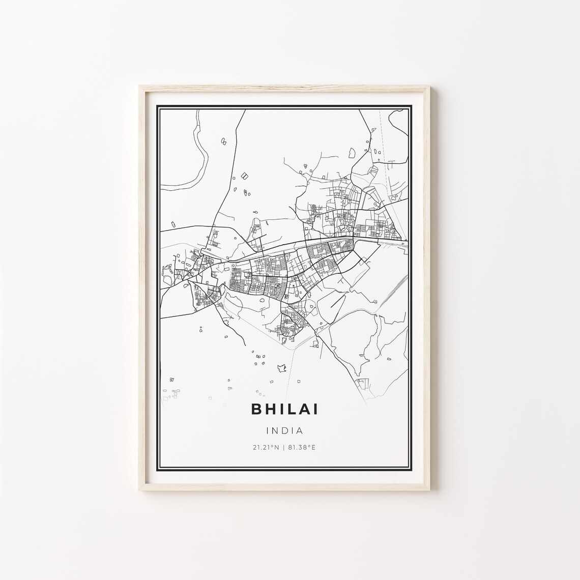 Bhilai India Black and White Street Map Minimalist Decor Poster